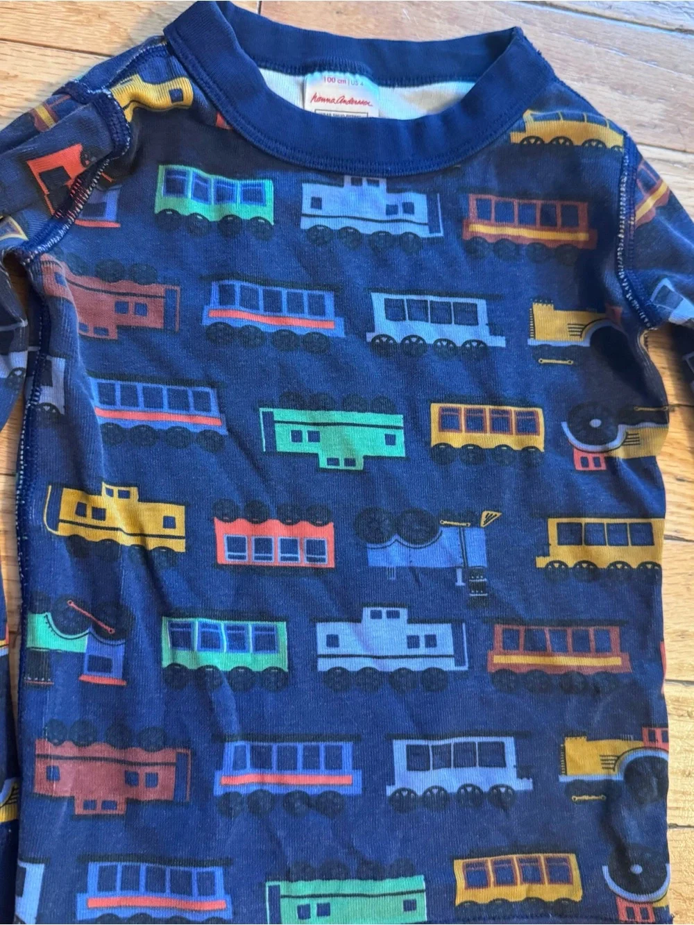 Hanna Andersson Navy Train Print Pajama Set Long sleeve Pants 100cm 4